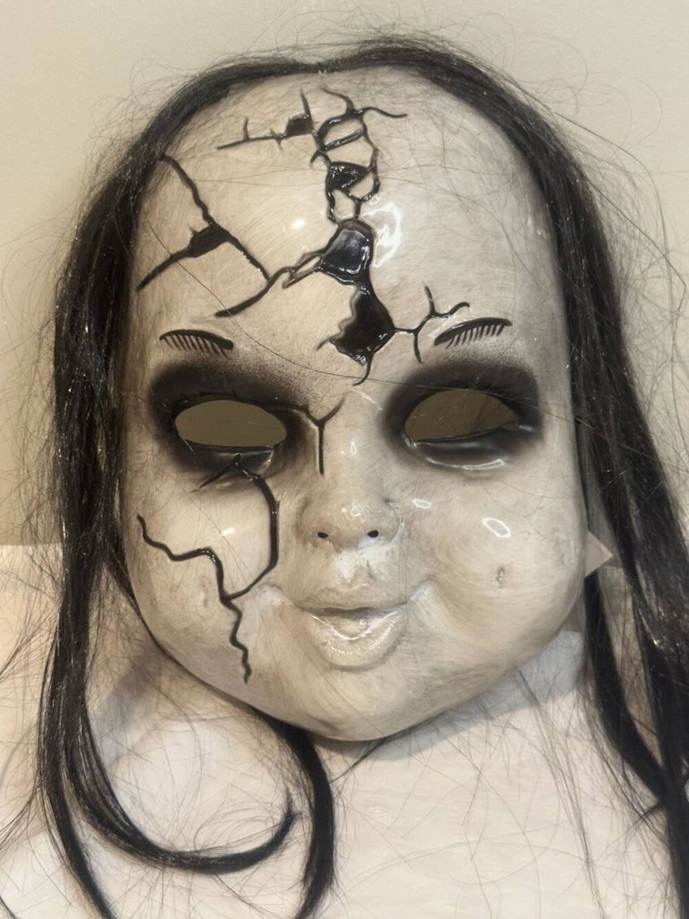 Creepy Cracked Doll Mask Black Hair Halloween Costume Parties  Large adult